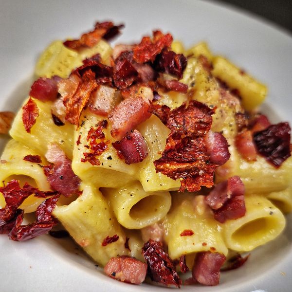 Mezze Maniche Al Sugo Di Pomodoro Giallo Pancetta E Crusco Al