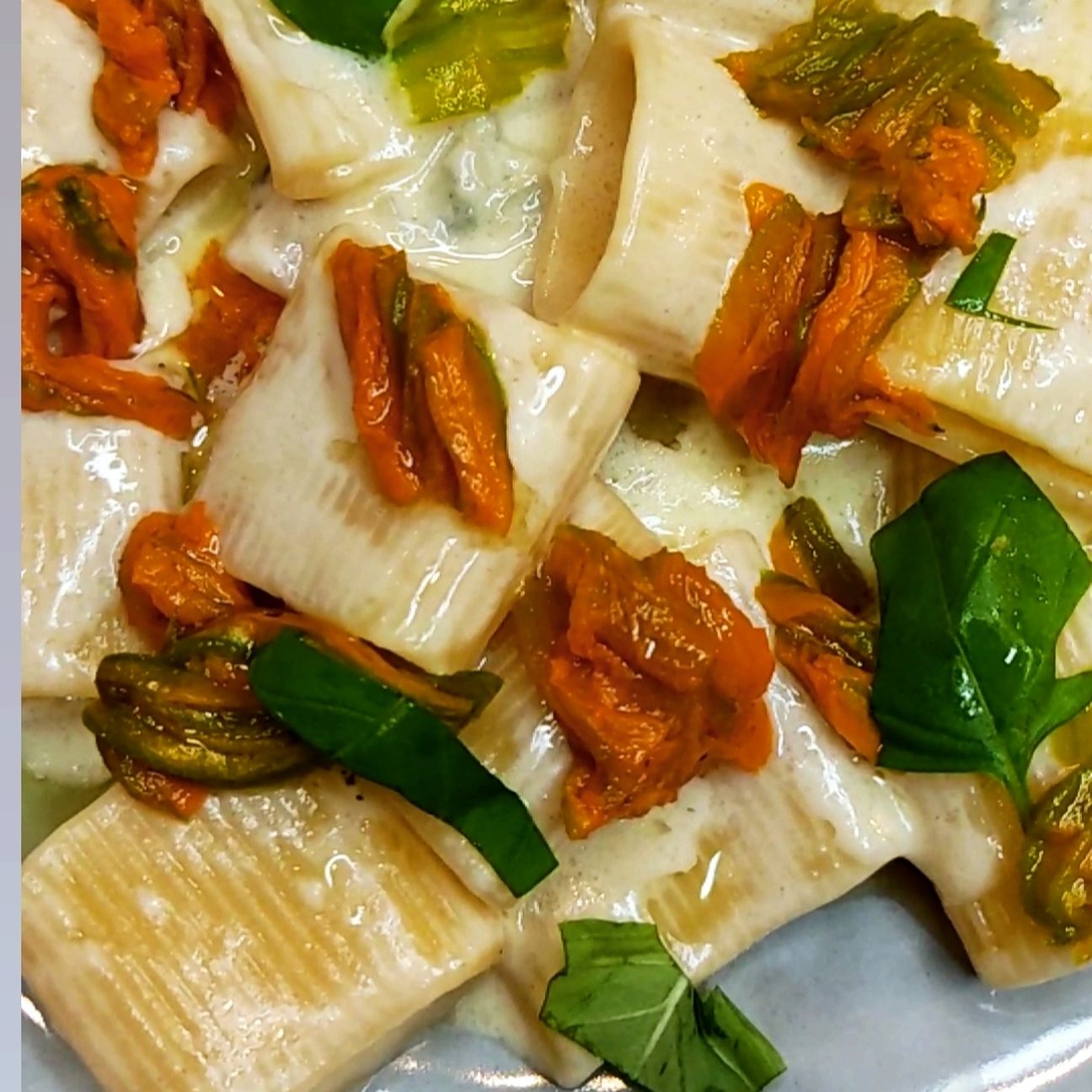 PACCHERI CON CREMA DI GORGONZOLA E FIORI DI ZUCCA