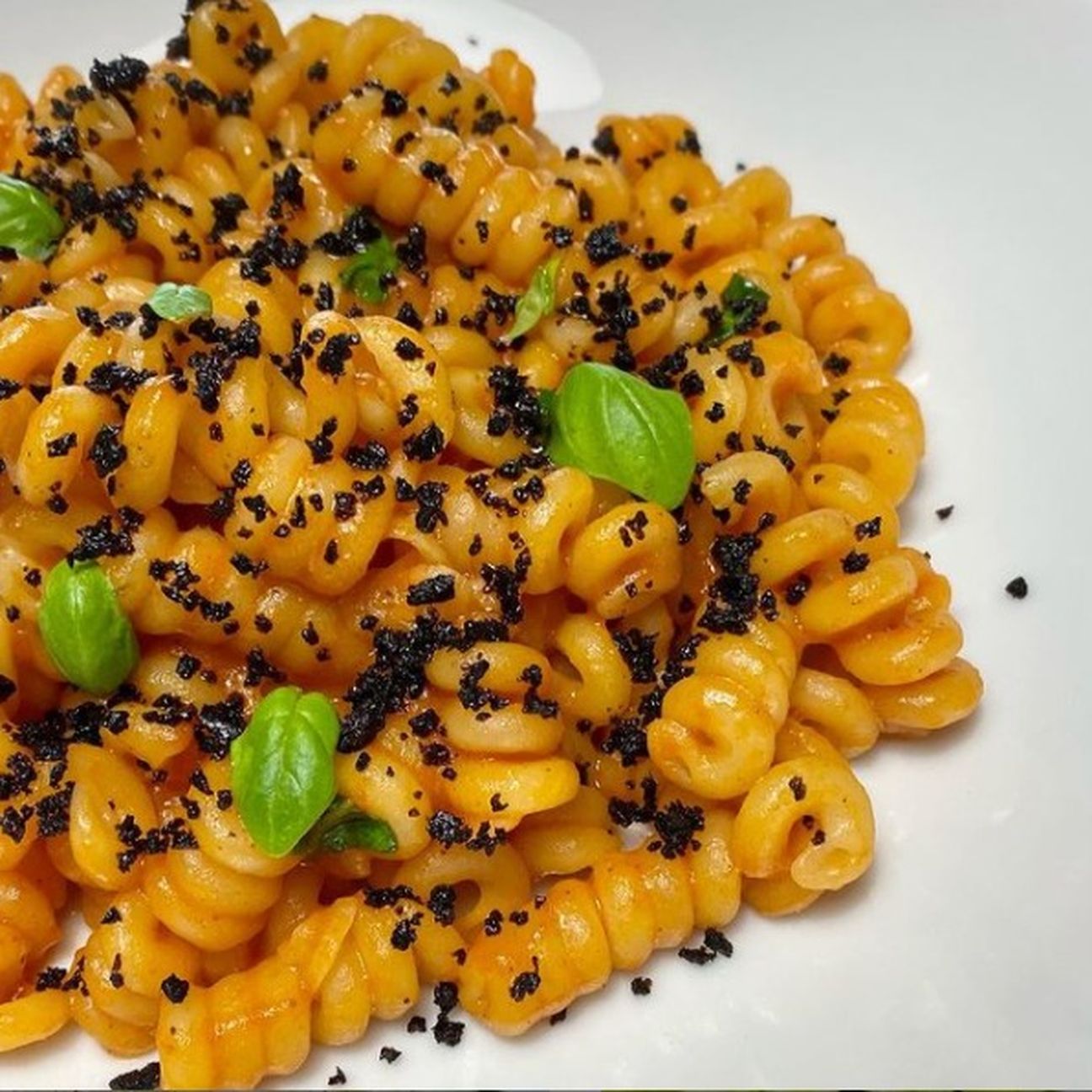 Fusilli alla salsa di pomodoro pelato e terra di olive nere