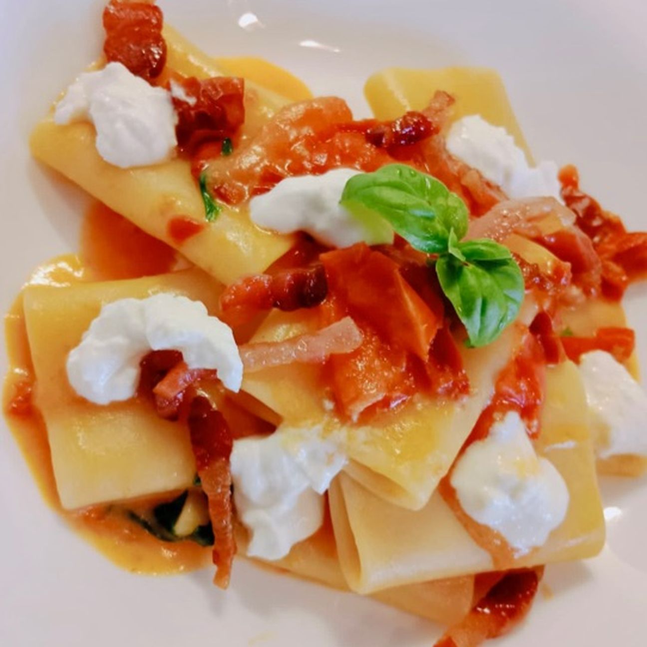 Paccheri con pomodori secchi, burrata e guanciale