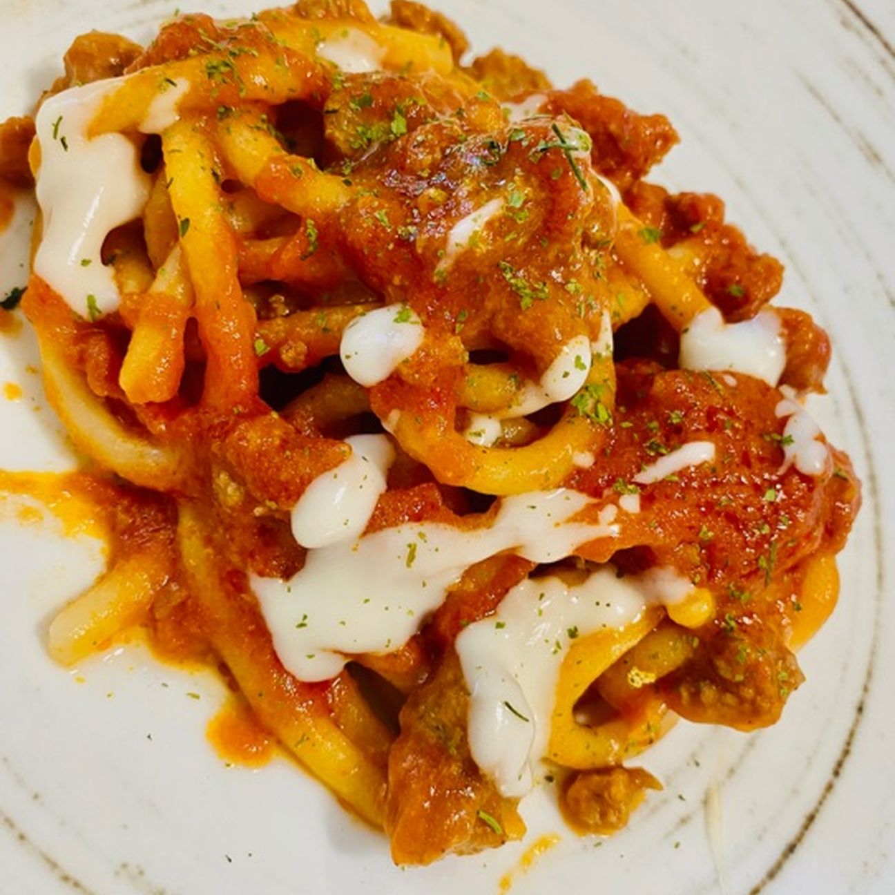 Pici con ragù di salsiccia e salsa al parmigiano