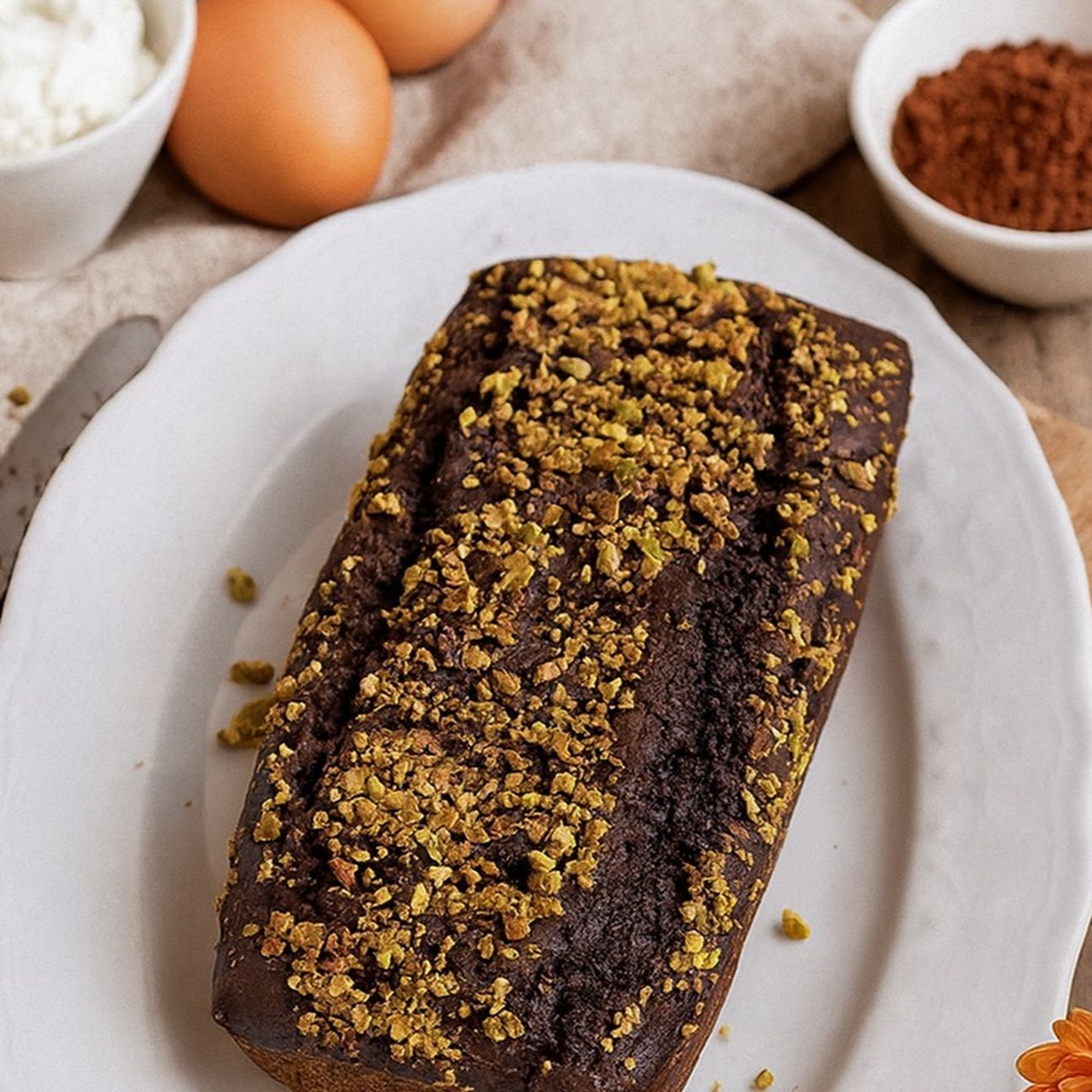 Plumcake alla ricotta, cacao e pistacchi