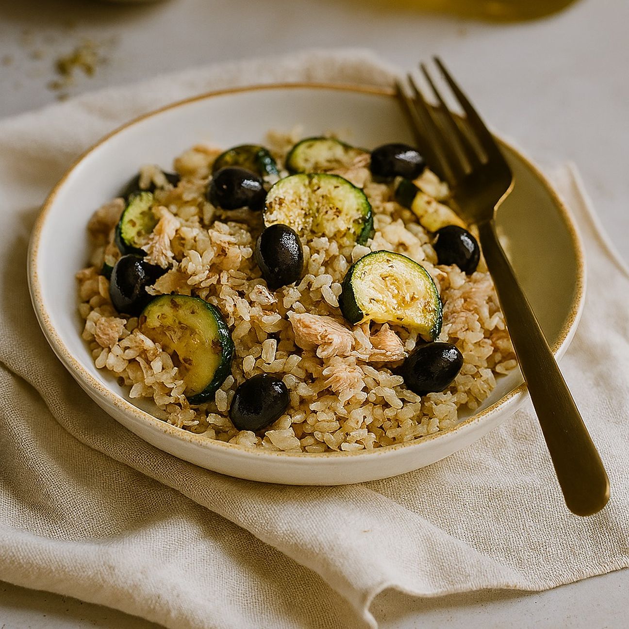 Insalata di riso integrale con tonno, zucchine e olive nere