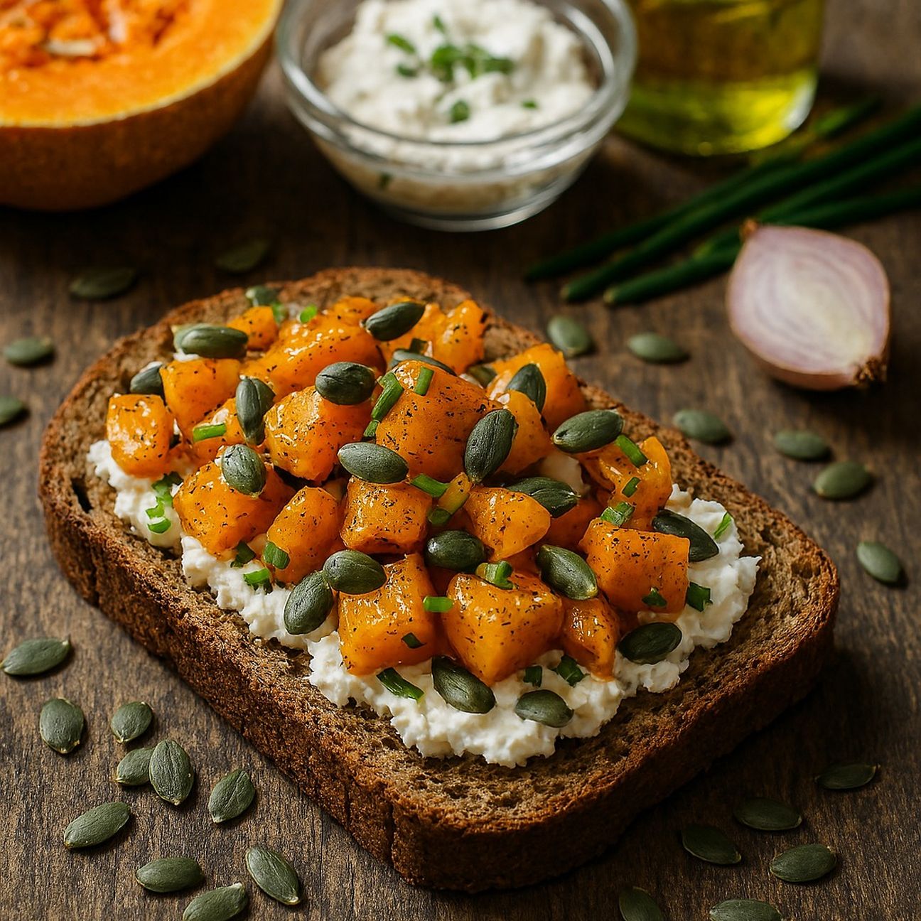 Bruschetta senza glutine con zucca biologica e caprino.