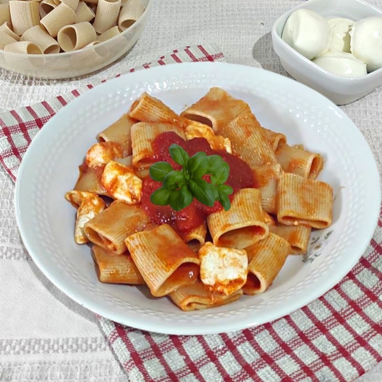 Mezze maniche con passata di pomodoro e mozzarella di bufala