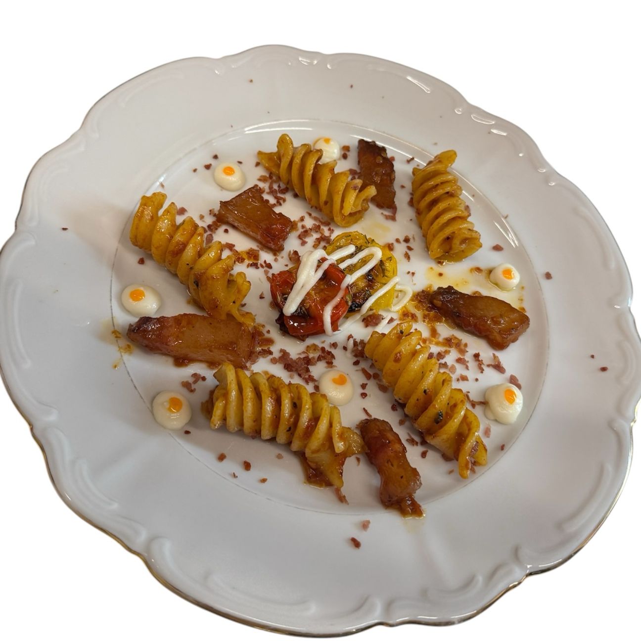 Fusillone Pk Giordano con amatriciana rivisitata con fonduta al pecorino