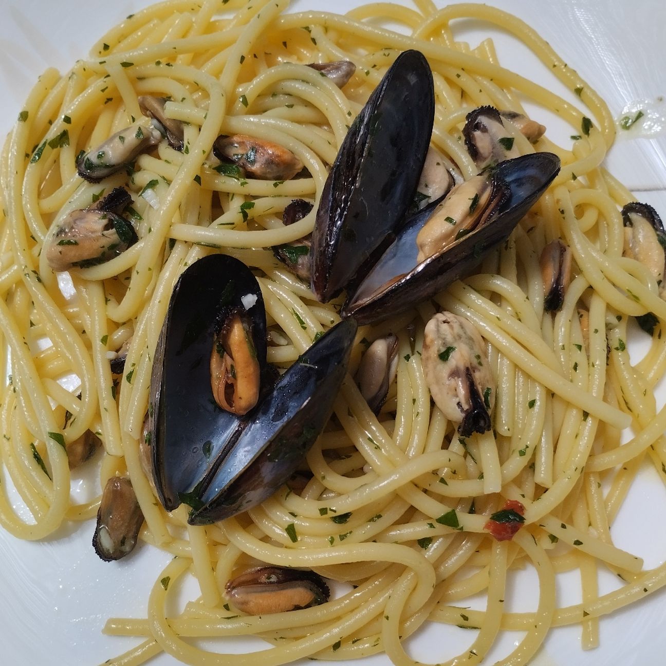 Spaghettoni gluten free con cozze in bianco .
