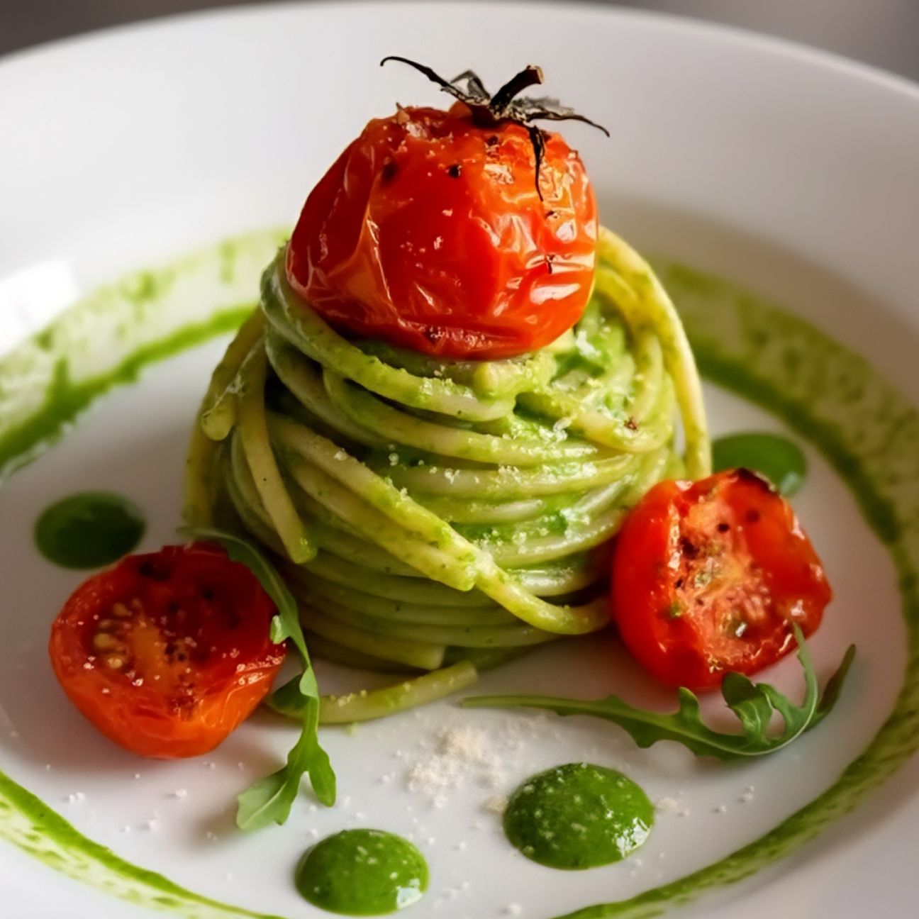 Spaghettone al pesto di rucola e pomodorini confit