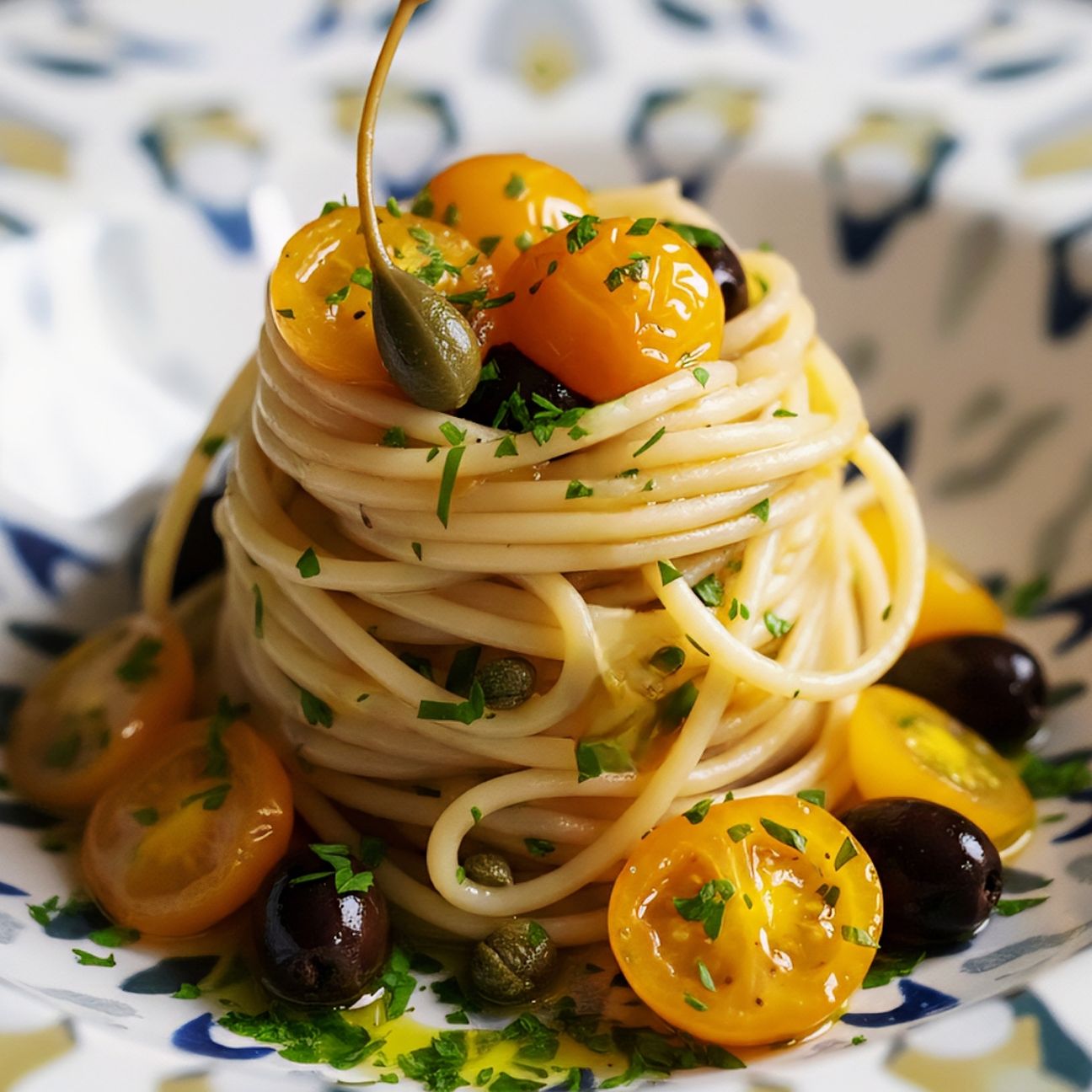 Spaghetti alla puttanesca in giallo