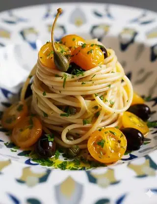Immagine ricetta Spaghetti alla puttanesca in giallo
