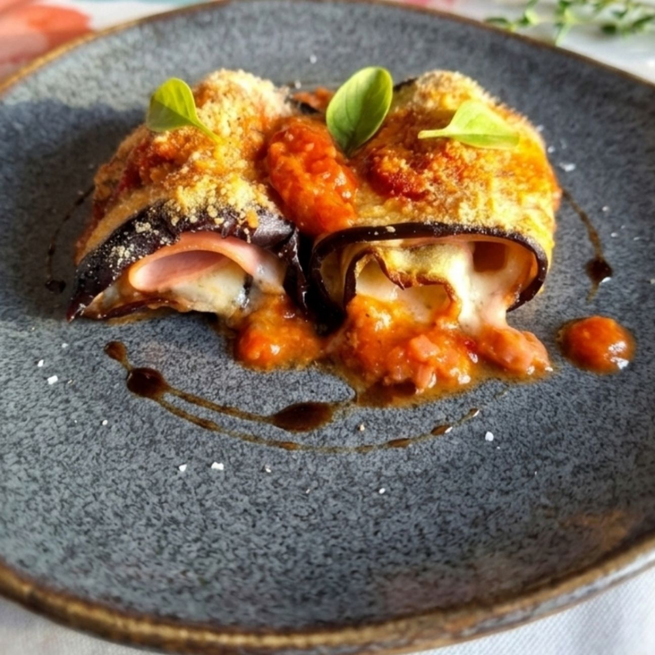 Involtini di melanzana, mortadella e mozzarella gratinati al forno