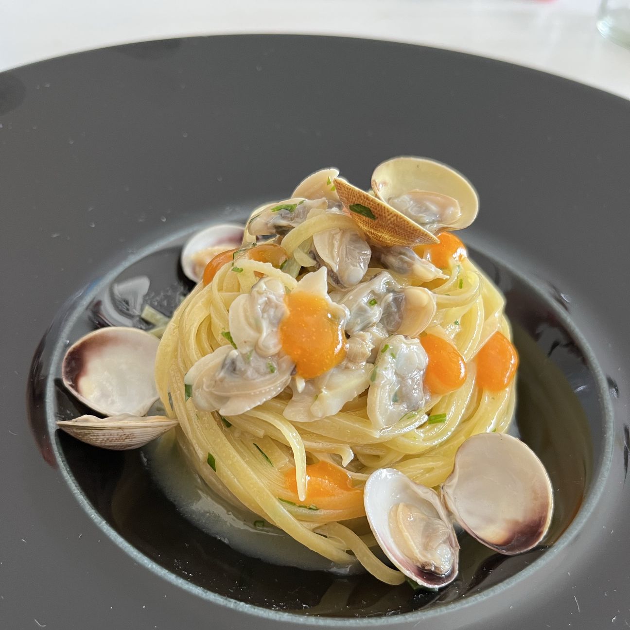 Tagliolini freddi con vongole e albicocche