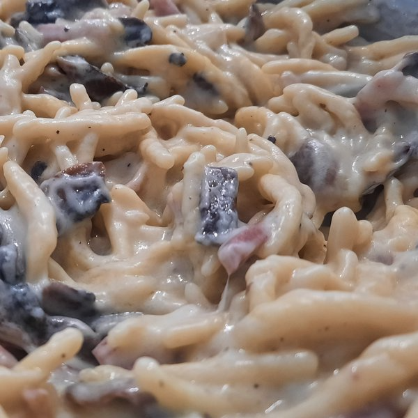 Trofie filanti con speck e funghi
