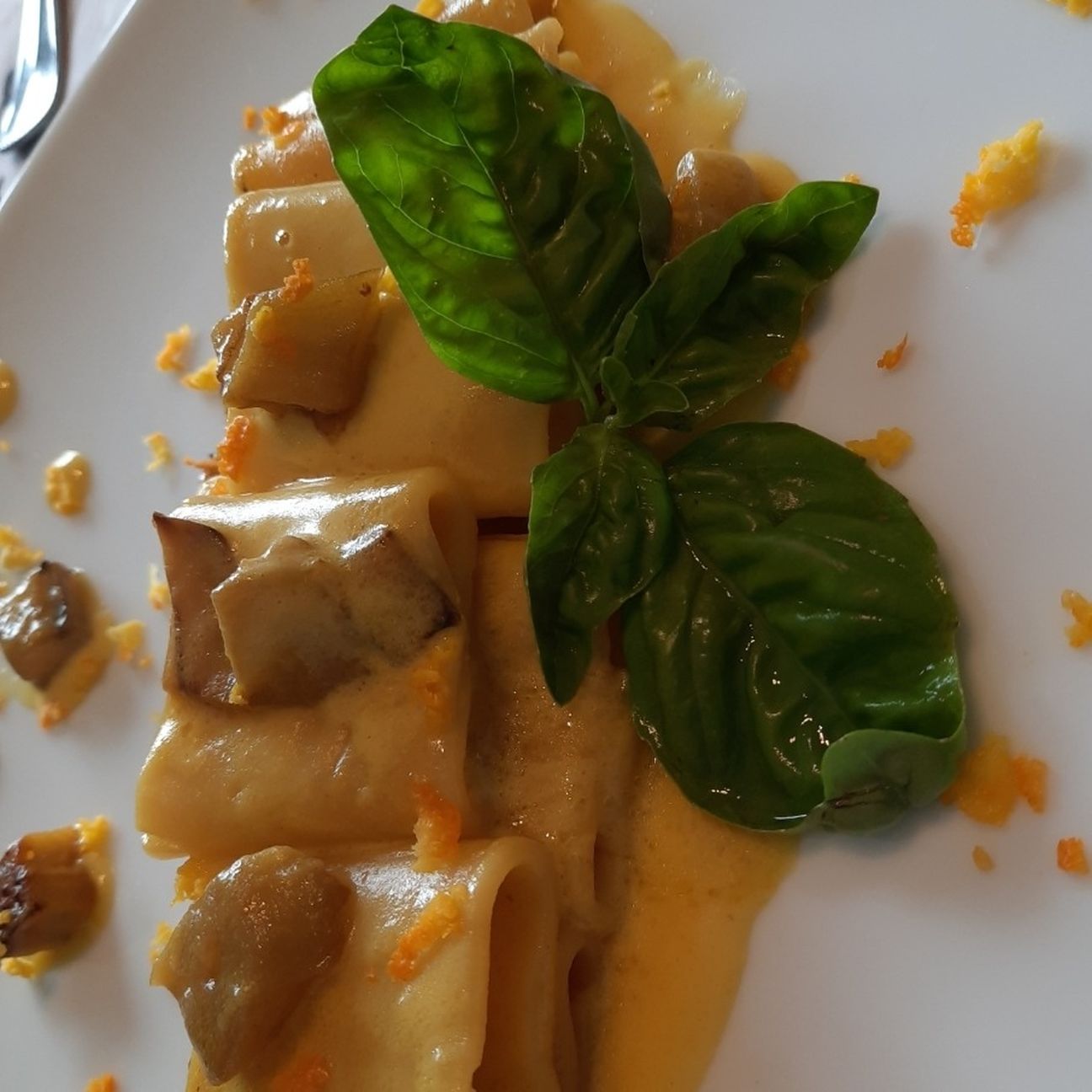 Paccheri con melanzane in crema di fiori di zucchina