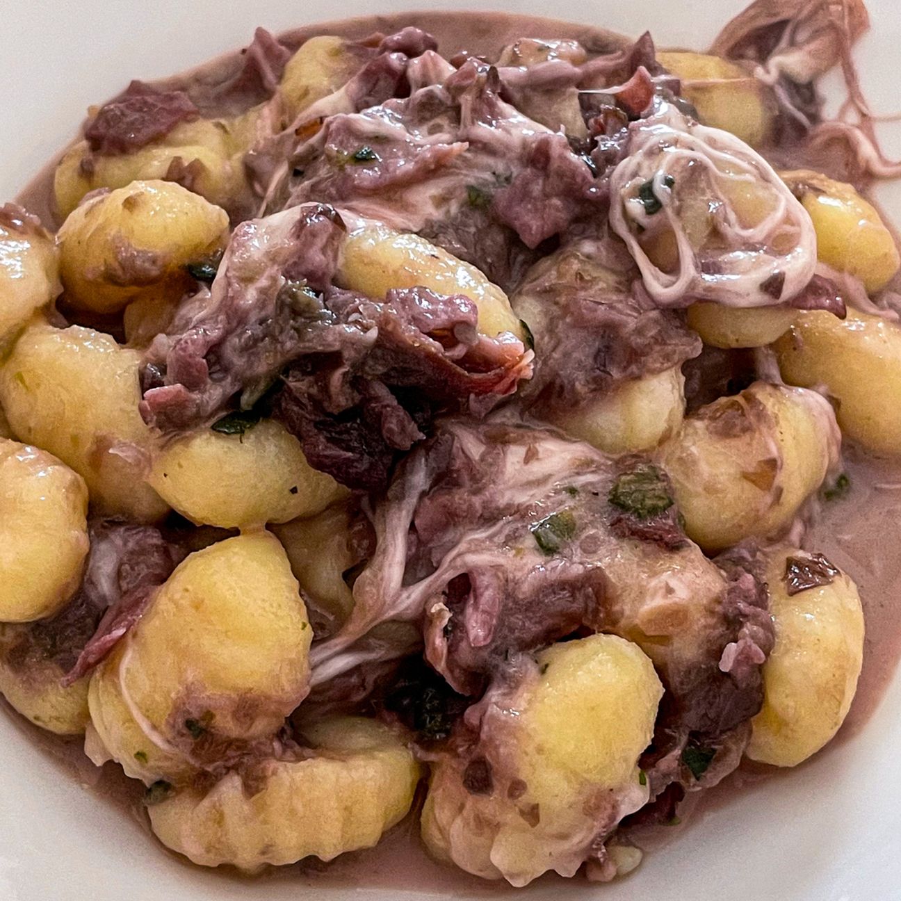Gnocchi con crema di radicchio, speck e mozzarella