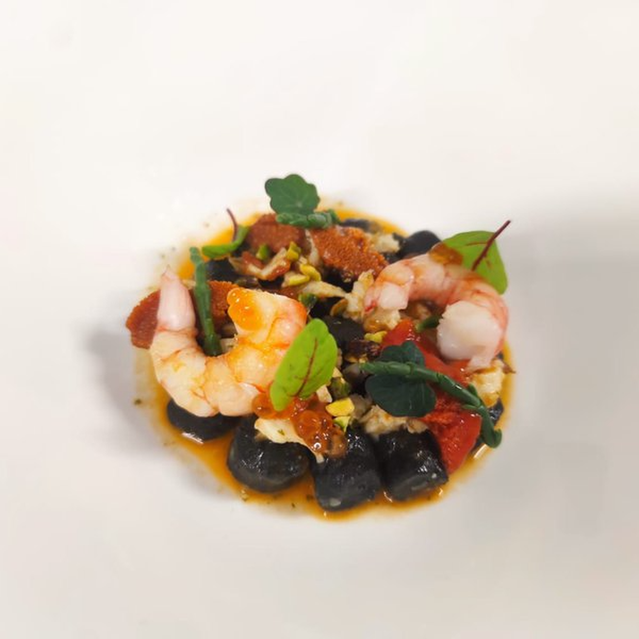 Gnocchi di calamaro all'acqua pazza, crostacei ricci di mare e gel di limone