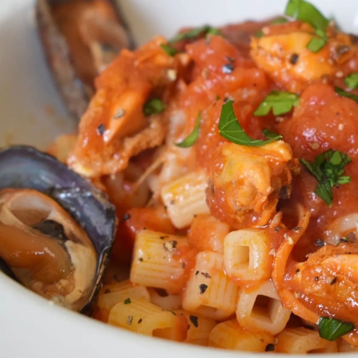 Tubetti rigati al sugo di cozze pelose.