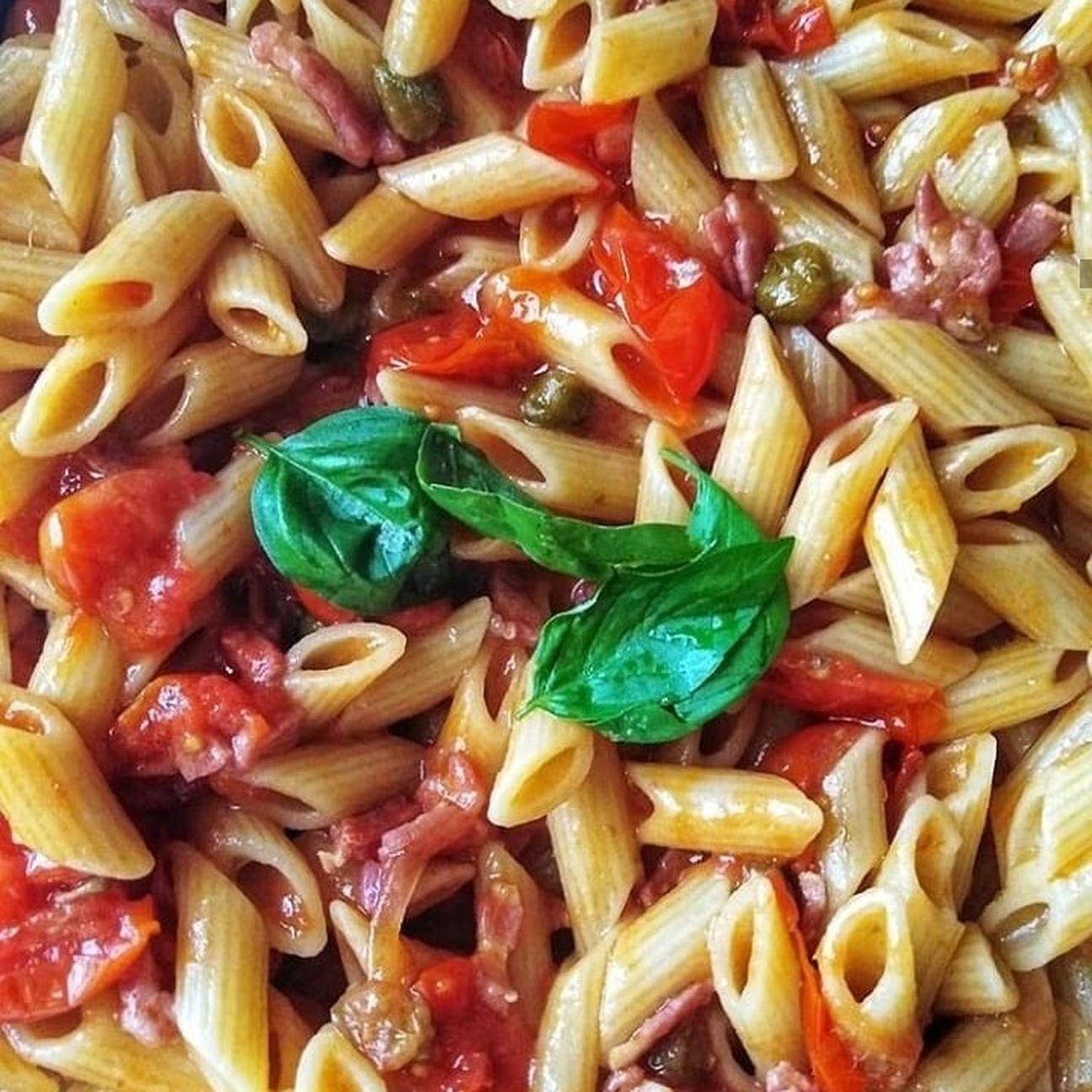 Mezze penne con pancetta, capperi e pomodorino fresco
