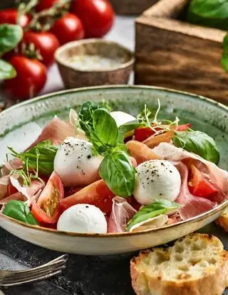 Ricetta Insalata caprese con mozzarella, pomodori e prosciutto crudo di Magno