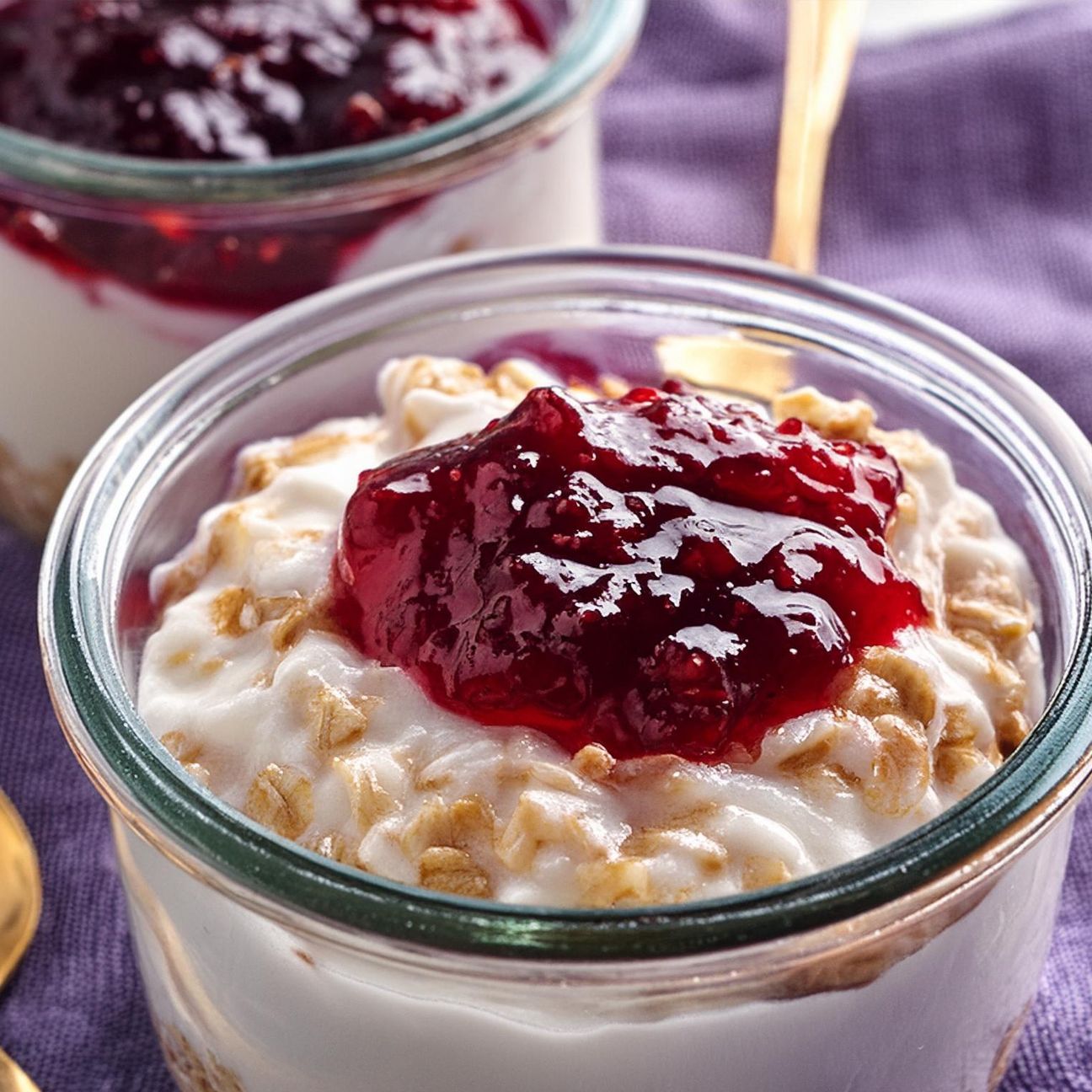 Overnight porridge allo yogurt, avena e marmellata