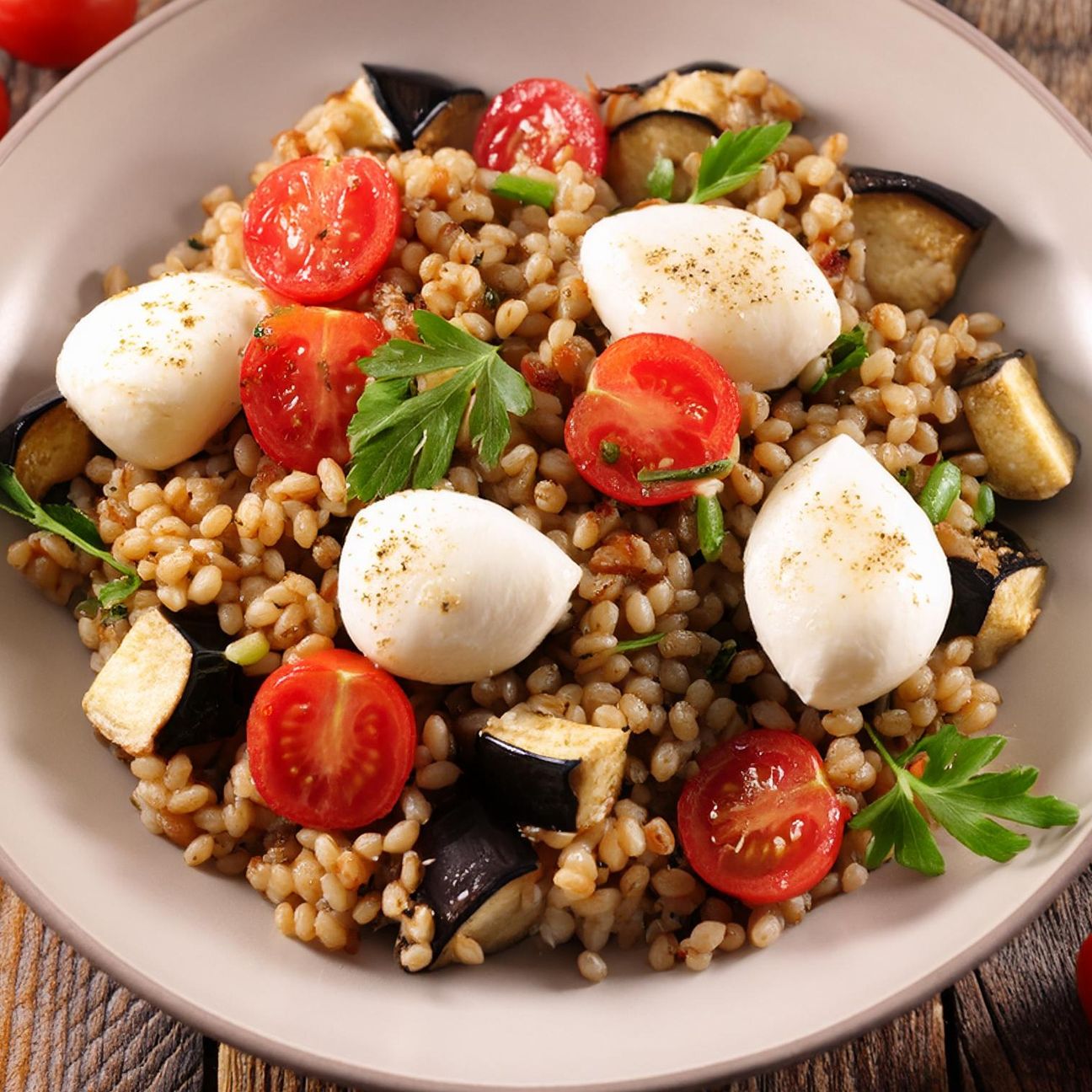 Orzo con melanzane, pomodorini e mozzarella