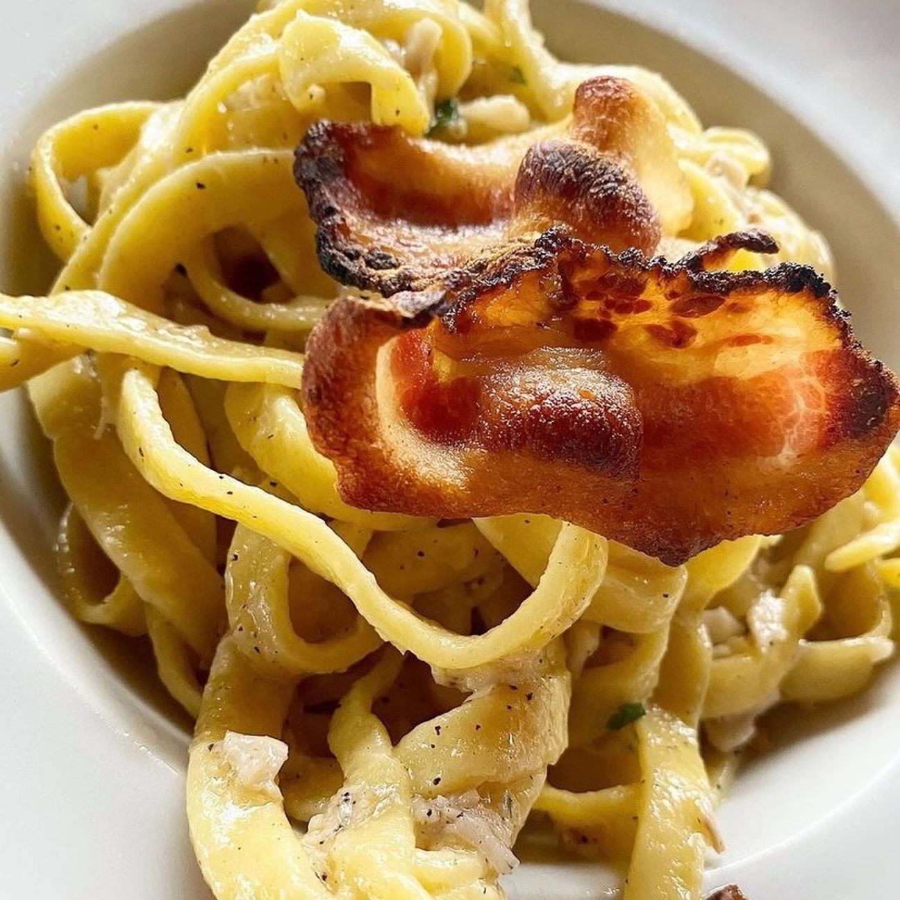 Fettuccine con gricia di spigola