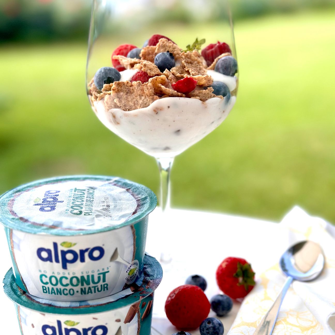 Alpro cocco e stracciatella frutti rossi fiocchi di avena stratificati..