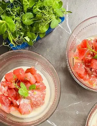 Ricetta Tartare di tonno , lime , acqua di mozzarella di bufala e cocco di lucia.pavanastolfo