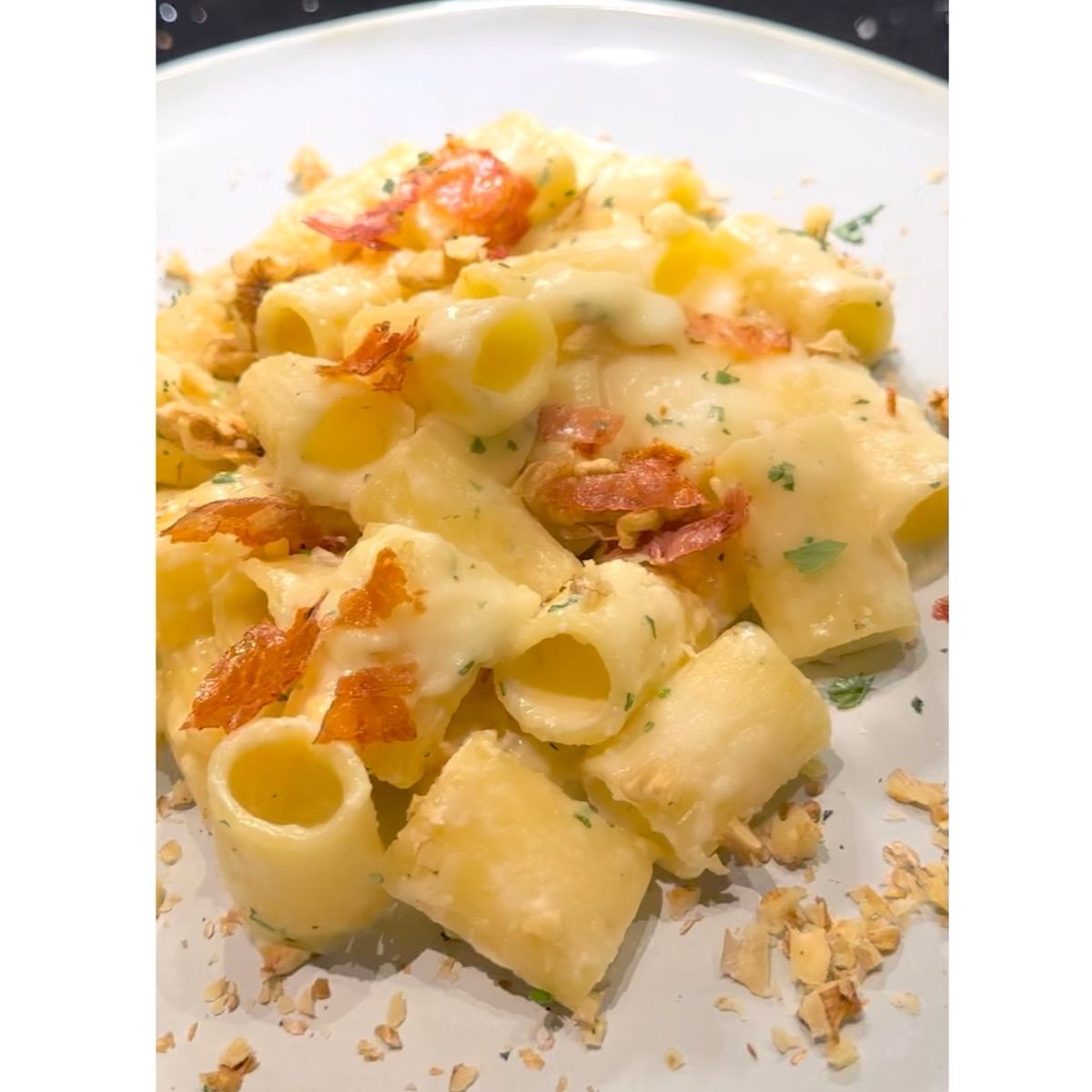 Mezze maniche , fonduta di gorgonzola e taleggio, noci tostate chips di serrano