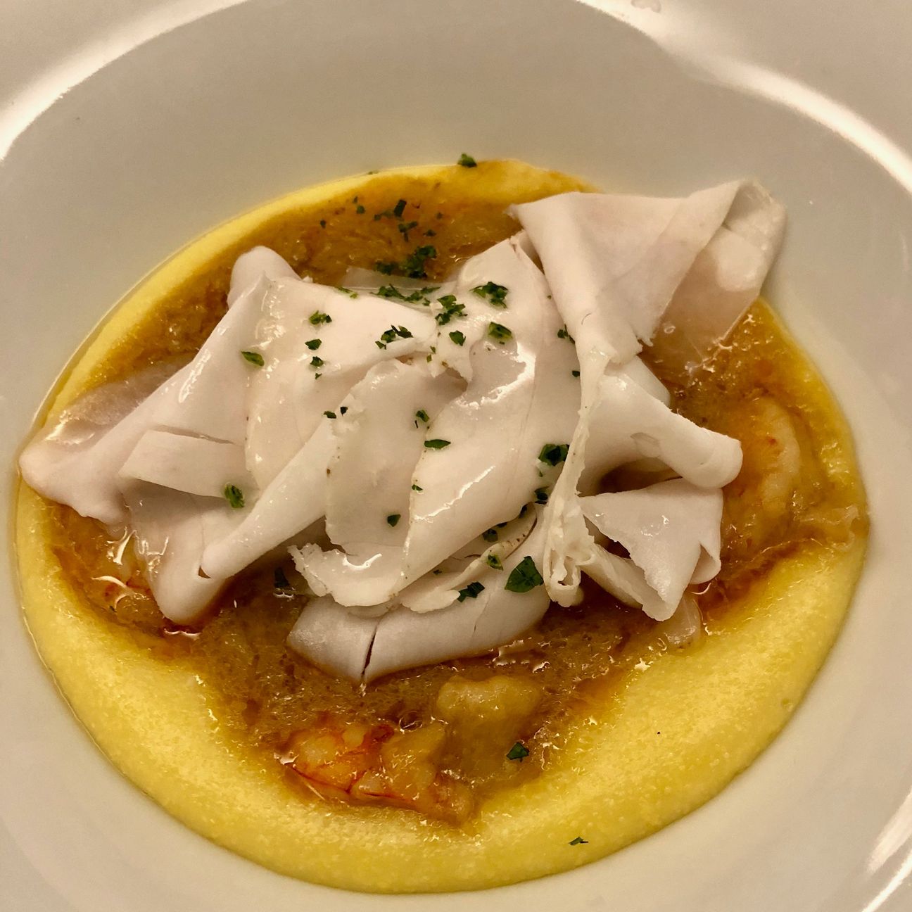 Polenta lardellata con Gamberi