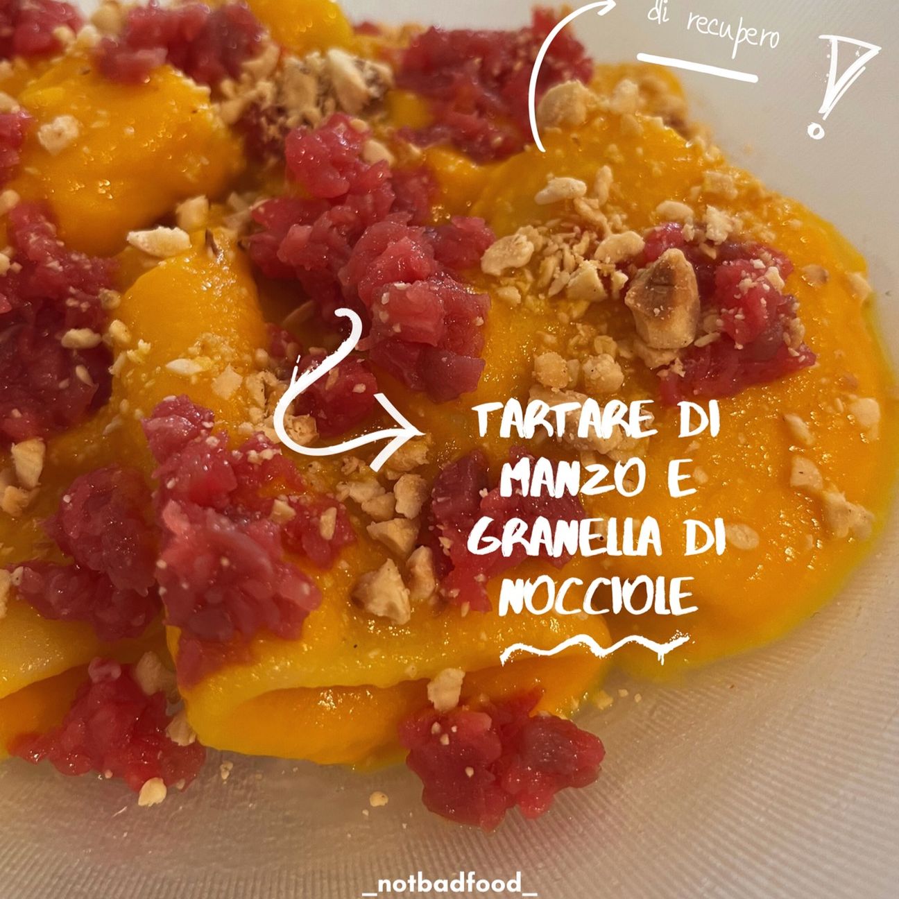 pasta crema di carote, tartare di manzo e nocciole
