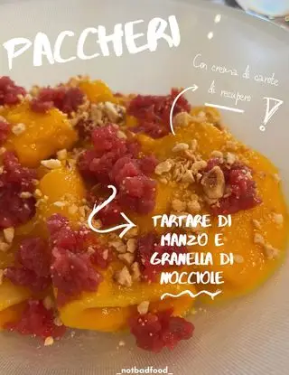 Ricetta pasta crema di carote, tartare di manzo e nocciole di notbadfood.alessandroosnaghi