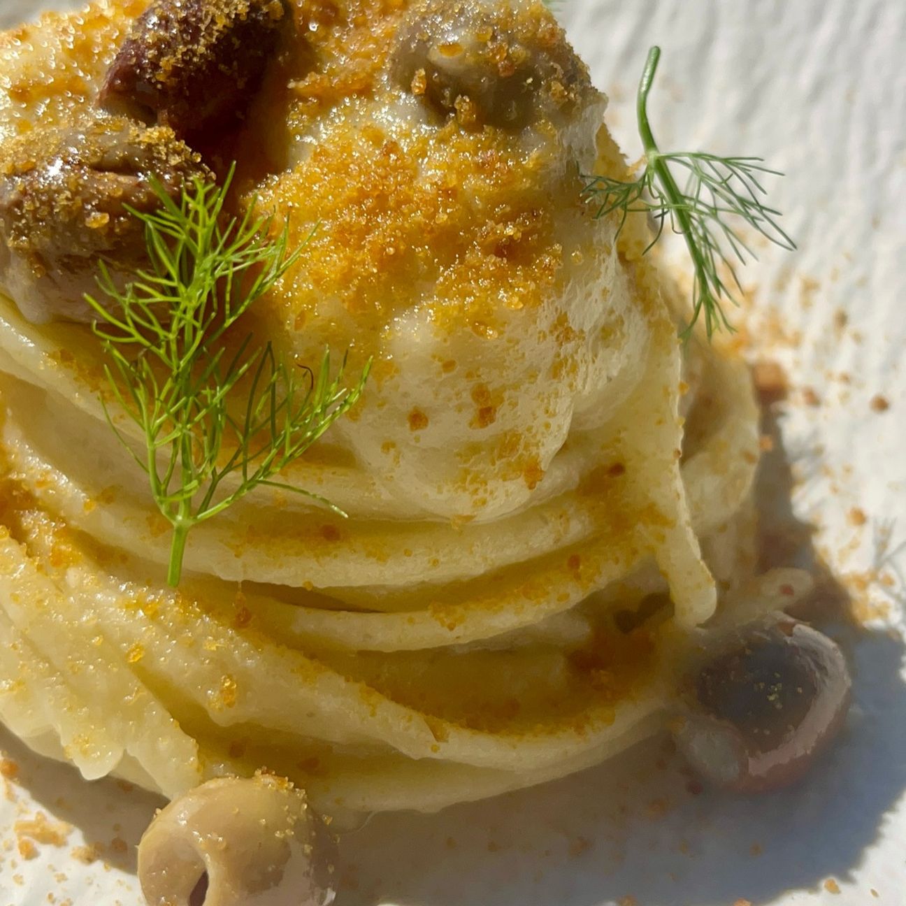 linguine con crema di finocchi, olive taggiasche e bottarga