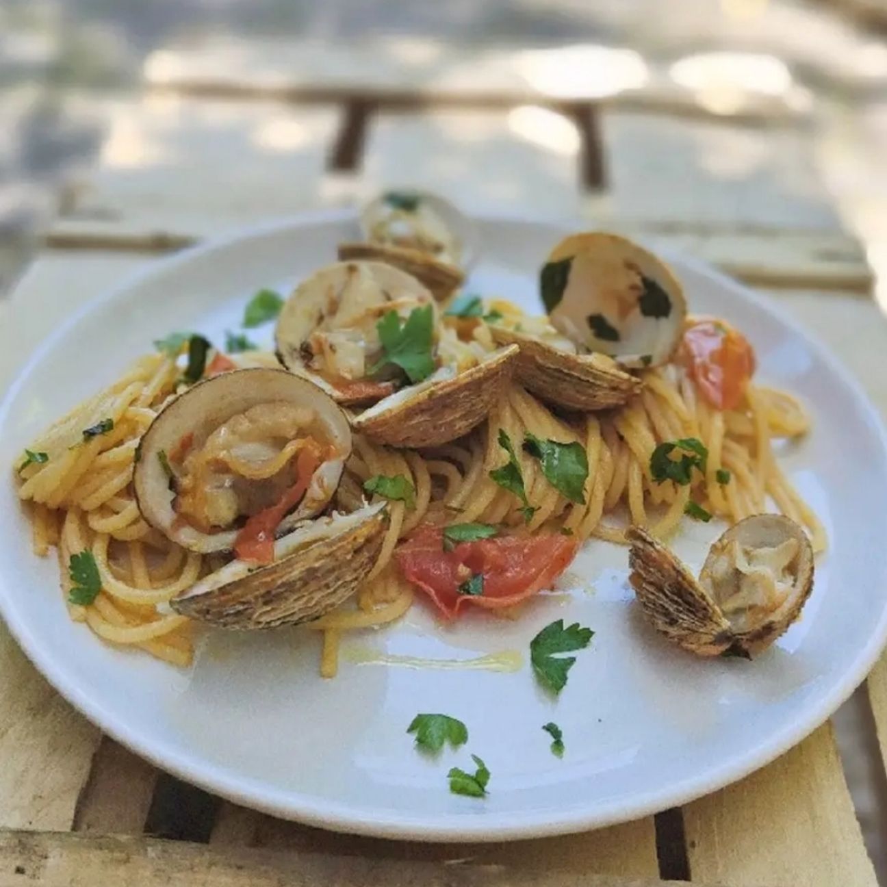 Spaghetti con tartufi di mare e pomodori