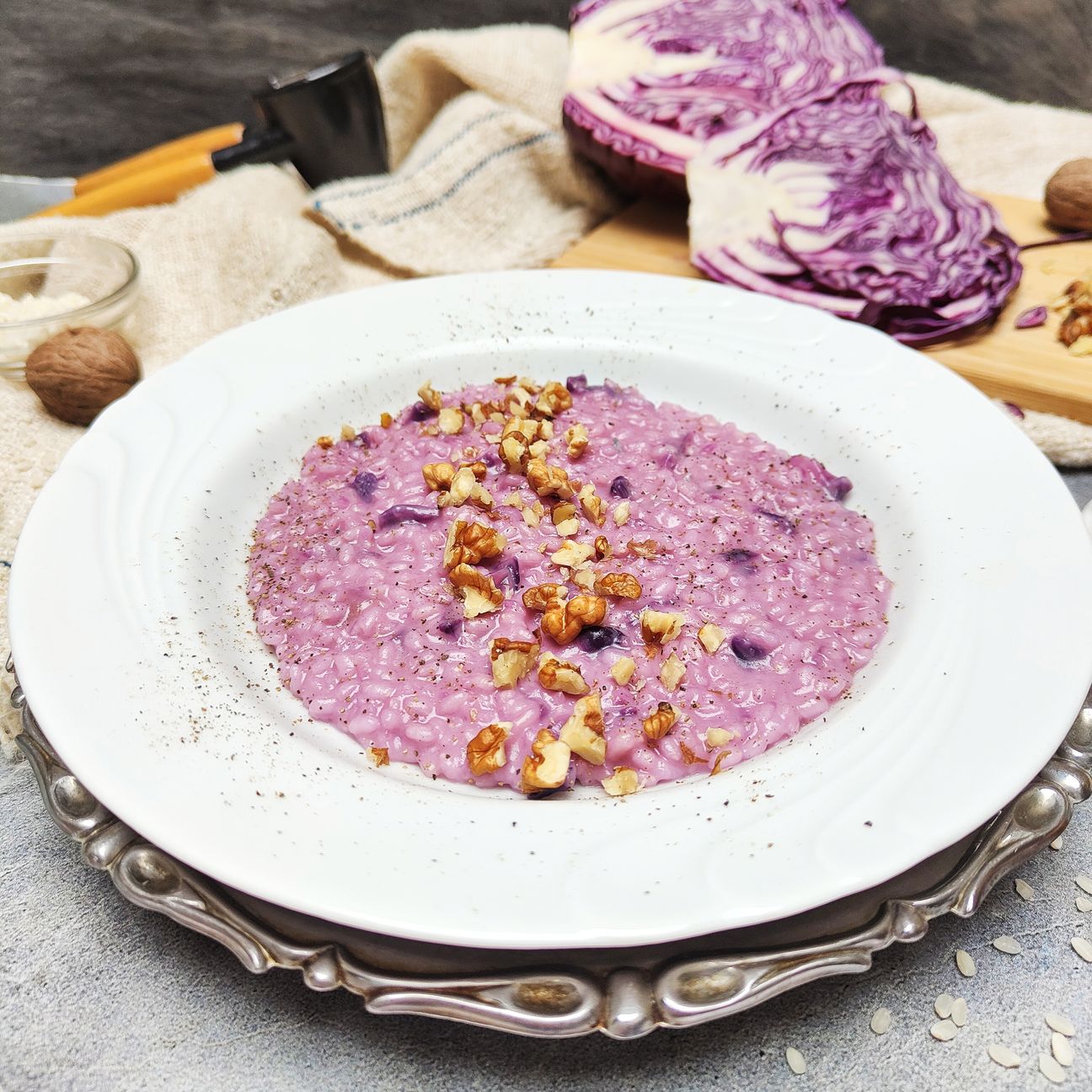 Risotto di cavolo rosso , gorgonzola e noci