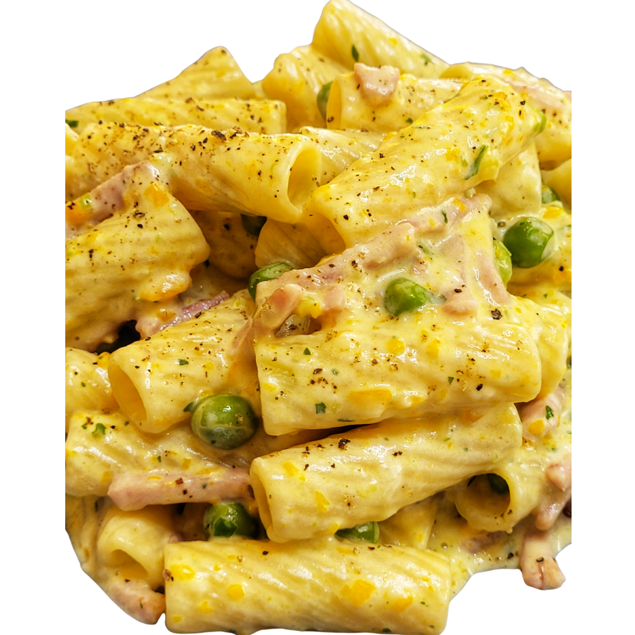 Tortiglioni con piselli, prosciutto cotto e philadelphia
