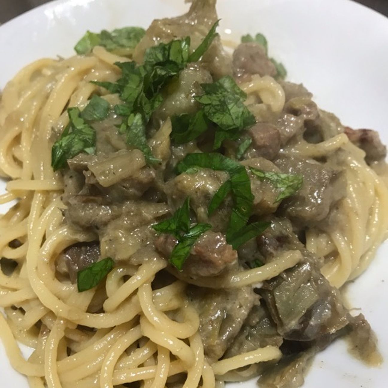 Spaghetti carciofi e guanciale