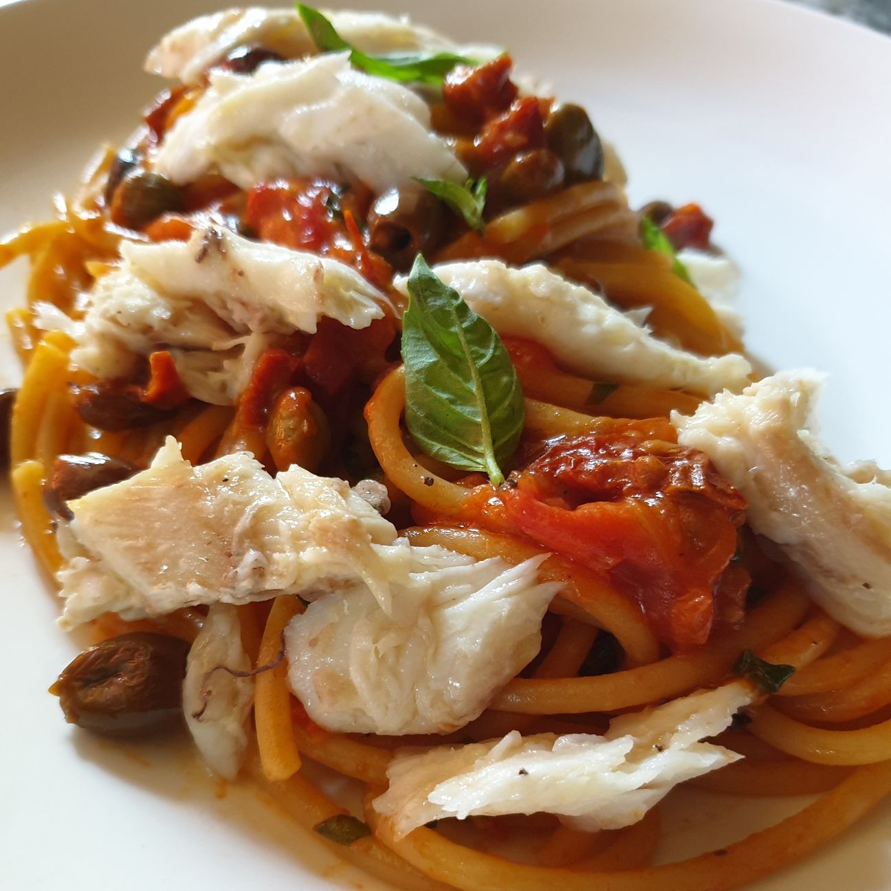 Bucatini con pomodorini, olive taggiasche, capperi, acciughe, pomodori secchi e Ombrina al forno