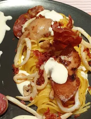 Ricetta Spaghettini ai totani con coppa croccante e crema di stracciatella di robertobabbilonia