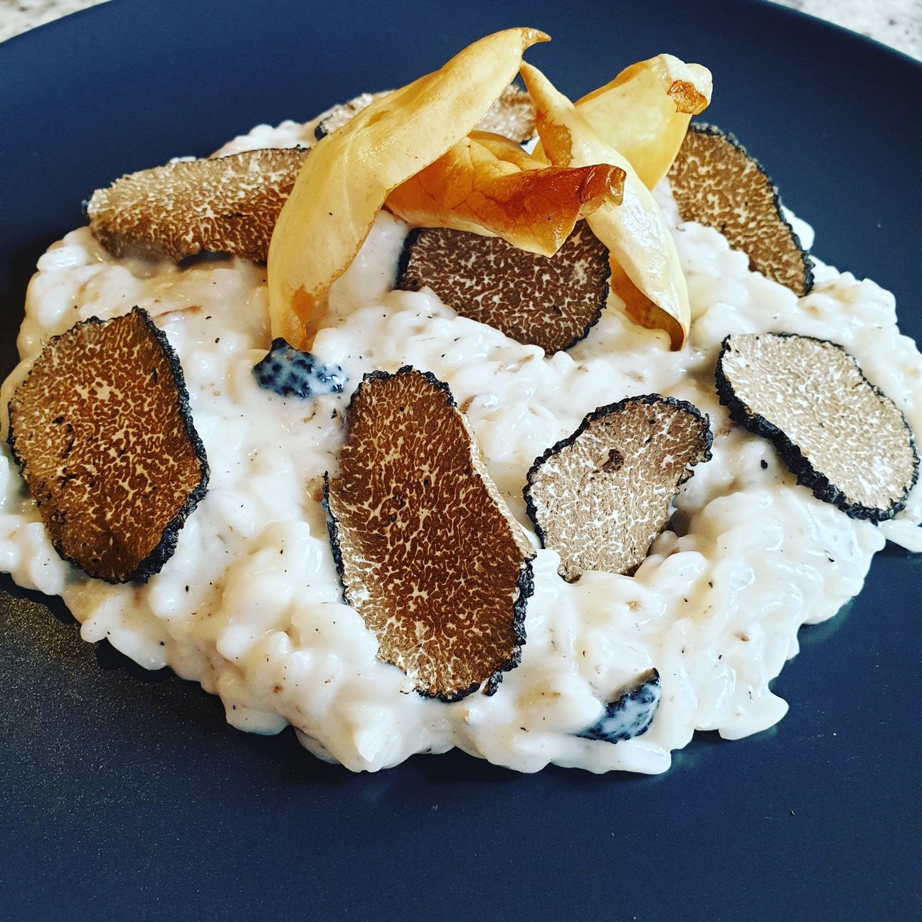 Risotto al tartufo estivo con crema di pecorino di Fossa e petali di magnolia fritti