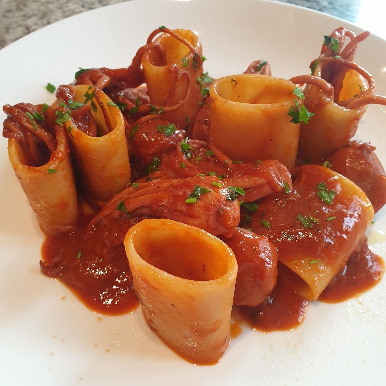 Paccheri con moscardini in guazzetto