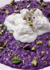 Ricetta Risotto “GLORIA”, cavolo viola, spuma di gorgonzola, pistacchio di Bronte