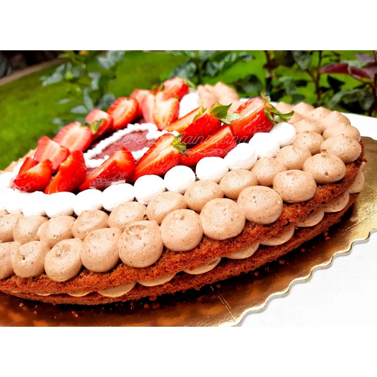 Torta con mousse al cioccolato e fragole.
