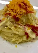 Ricetta Cacio pepe pancetta bottarga di tuorlo marinato