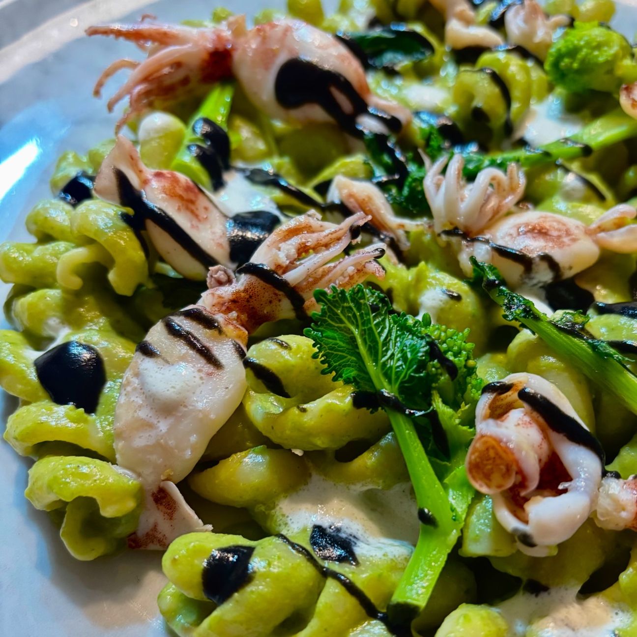 Fusilloni ,Crema di cime di rapa ,Calamaretto, salsa al nero di seppia e Burrata