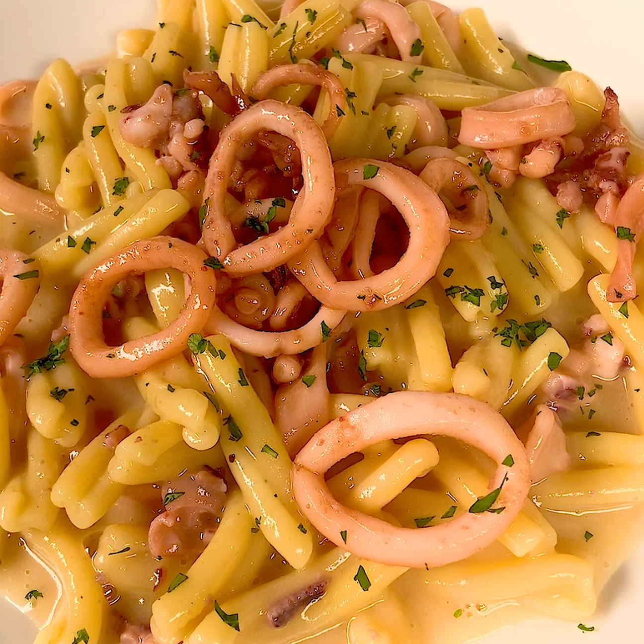 Casarecce con crema di patate, calamari e pecorino
