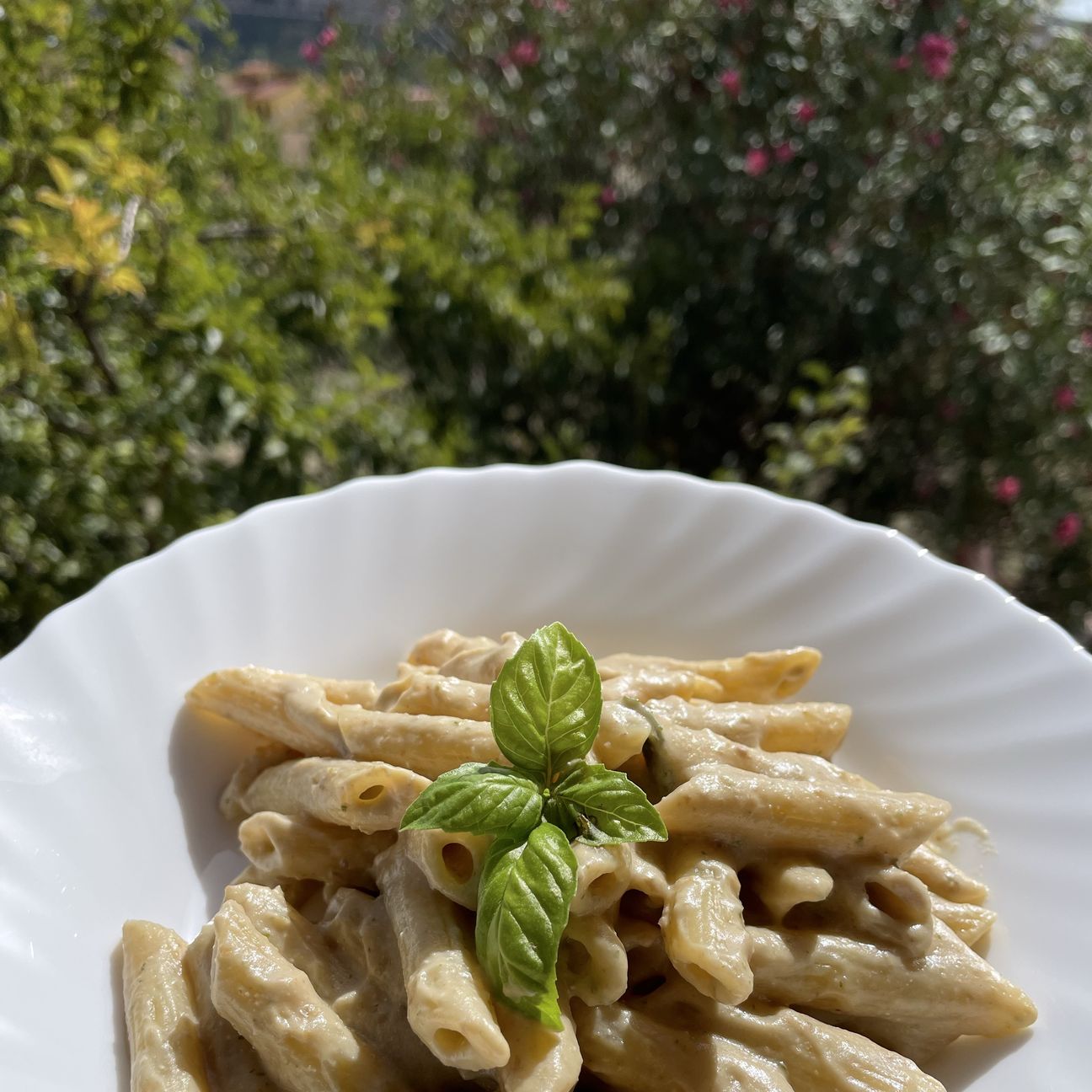 Pennette con crema di Melanzana noci e basilico