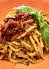 Ricetta Spaghetti con crema di pistacchio e speck