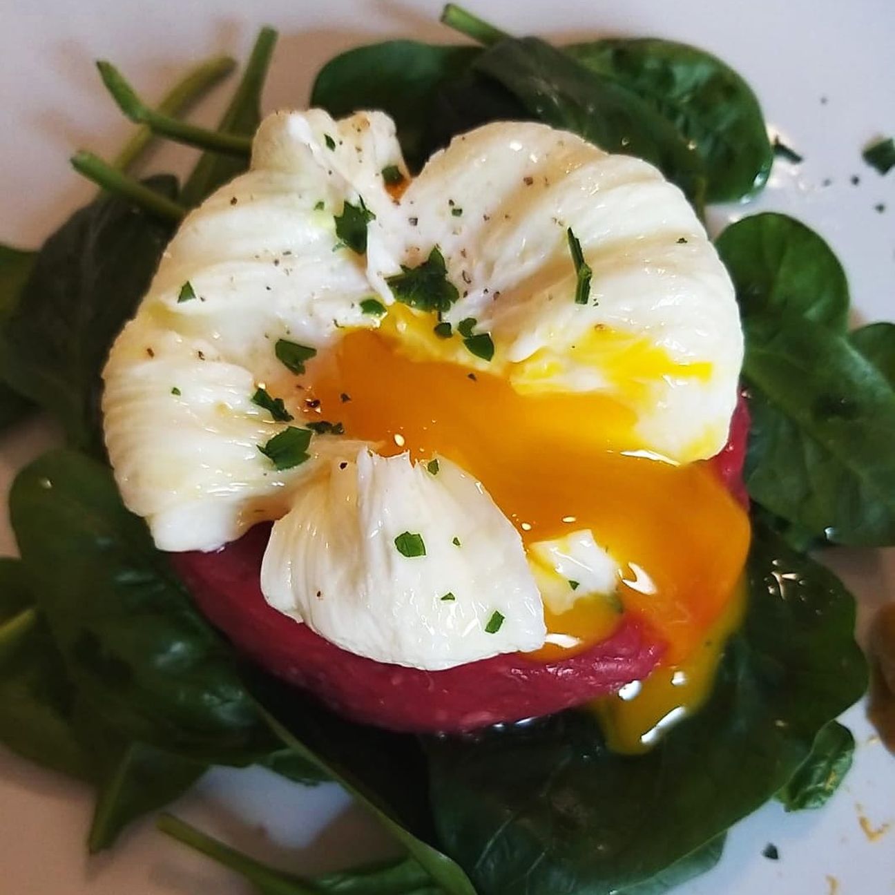Uovo in camicia su tartare di manzo e spinacino