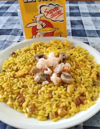 Copertina della ricetta Risotto con pancetta funghi e gamberi con zafferano Leprotto di ilninotto